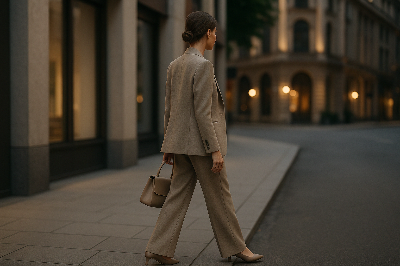 Outfit minimal e raffinato in palette neutra, con dettagli sartoriali e stile sobrio adatto dal giorno alla sera