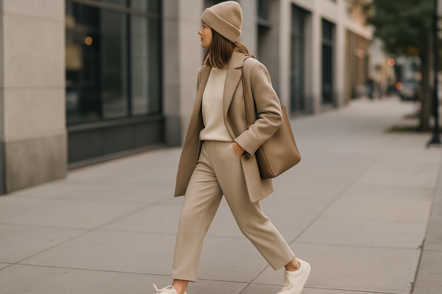 Outfit casual minimal in contesto urbano, con colori neutri e stile discreto