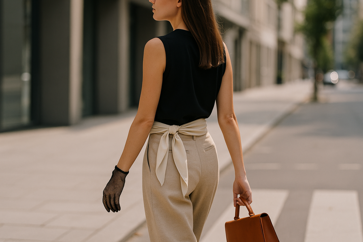 Look street style minimal con accessorio inatteso protagonista e dettagli curati