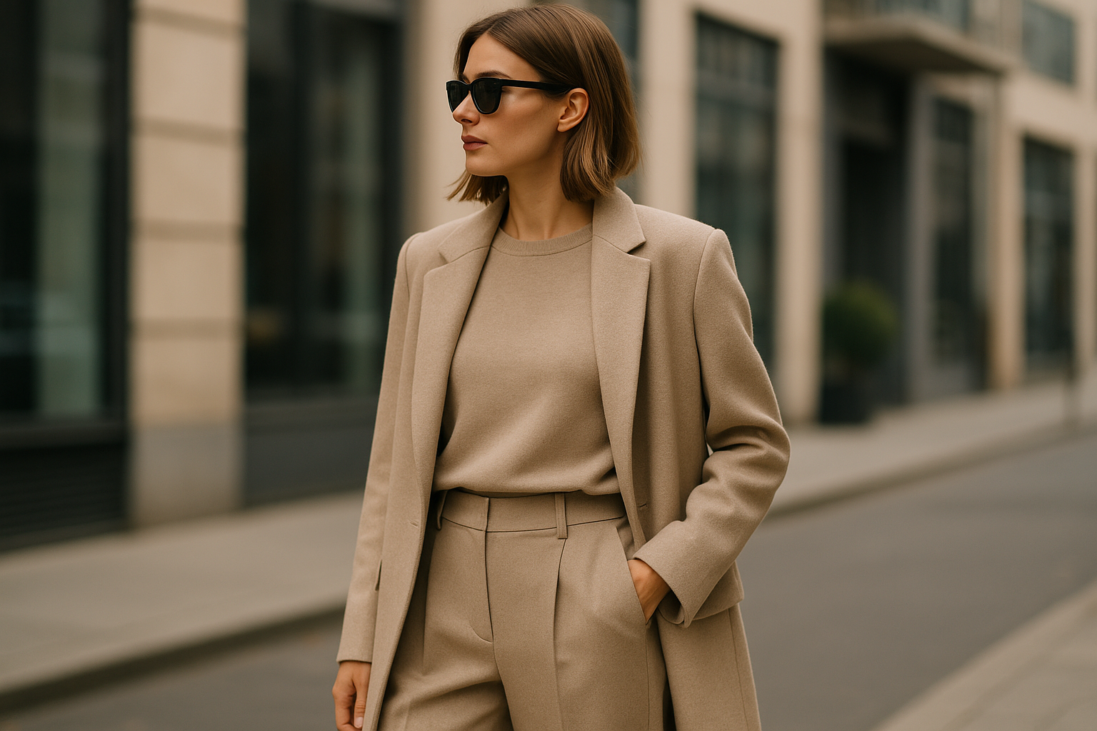Look minimal e sofisticato ispirato al lusso discreto con palette neutra e dettagli sartoriali