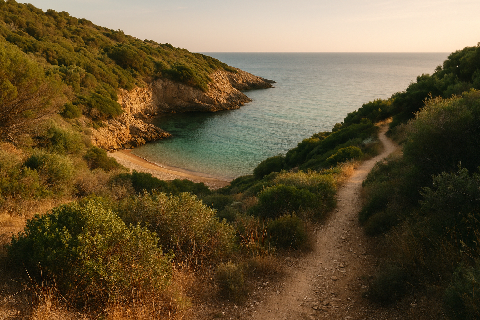 Baia appartata e tranquilla con sentiero costiero e vegetazione mediterranea, ideale per una vacanza riservata