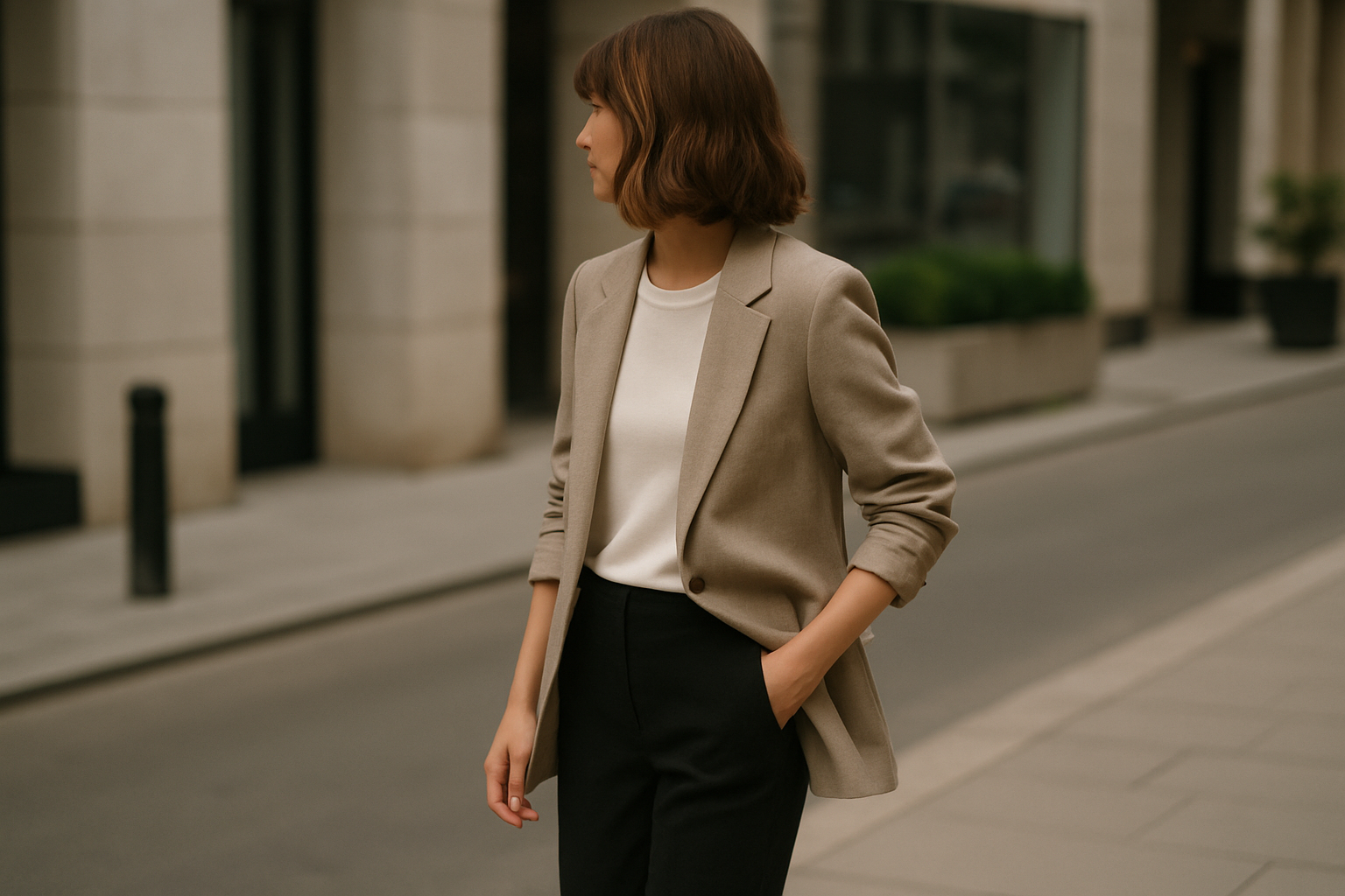 Outfit casual-elegante con dettagli volutamente imperfetti e palette neutra in contesto urbano