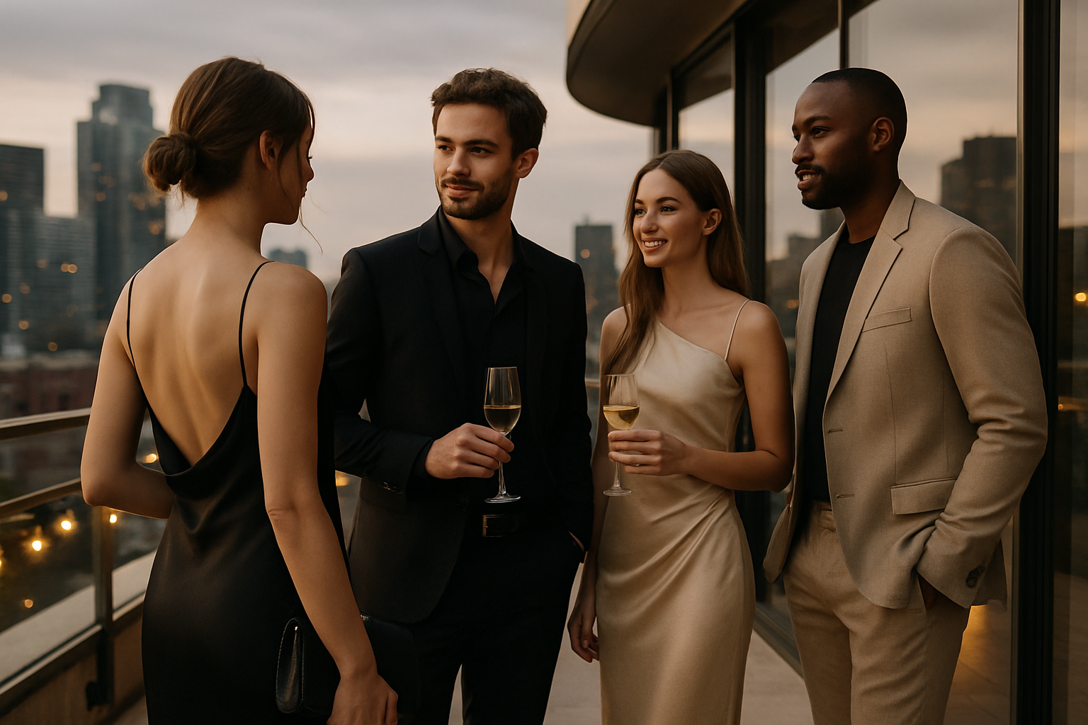 Ospiti con outfit eleganti e moderni durante un evento mondano serale in terrazza