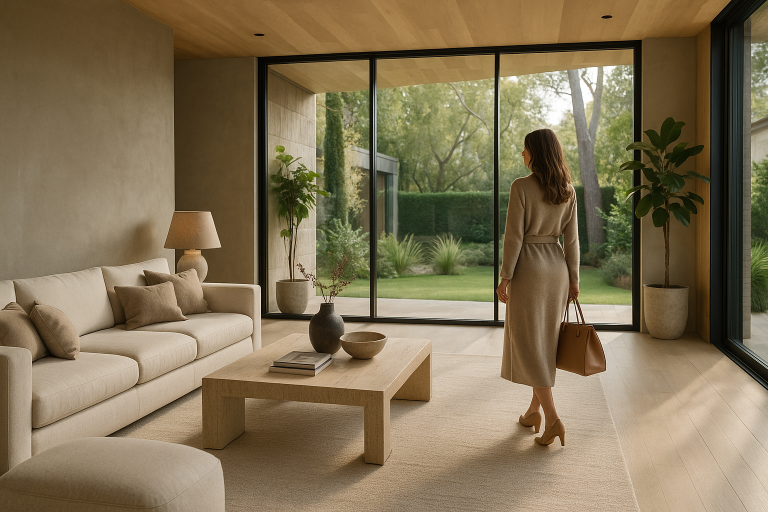 Interno contemporaneo elegante con grandi vetrate, materiali naturali e luce calda