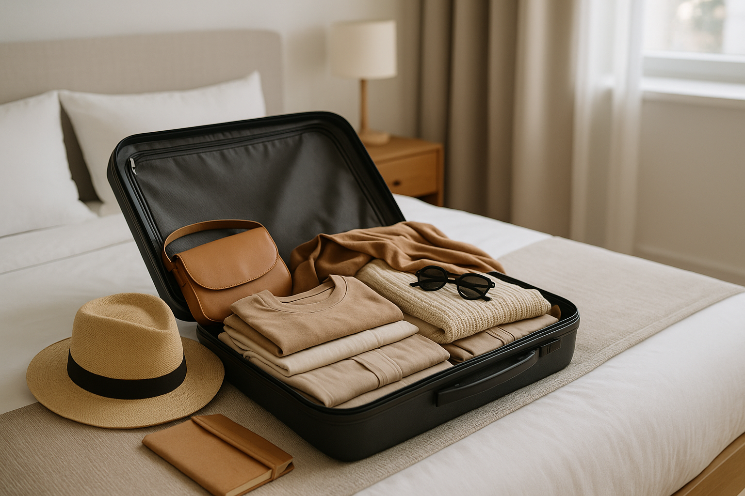 Valigia con guardaroba da viaggio essenziale e coordinato, capi piegati e accessori minimal