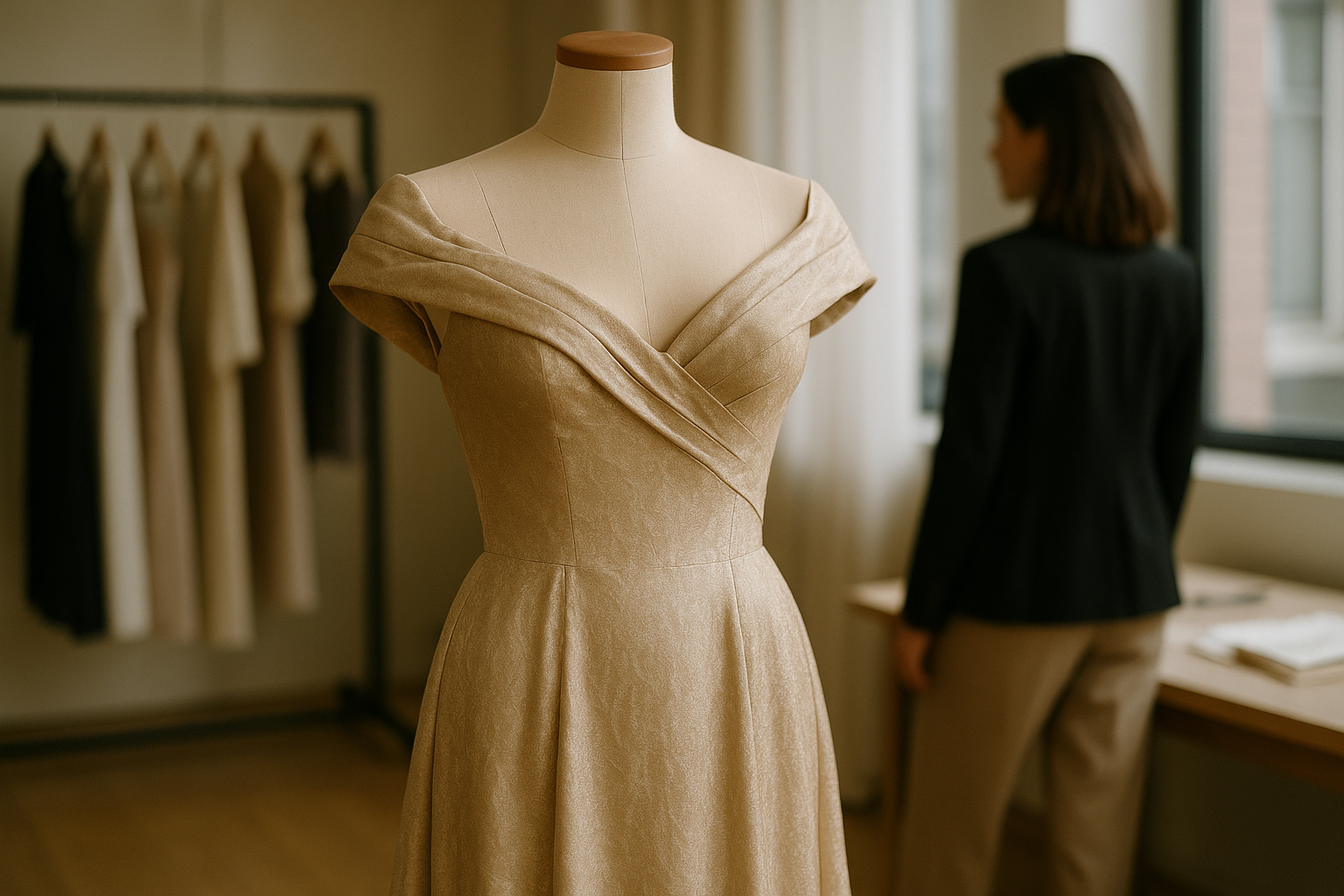 Abito da sera vintage su manichino in atelier con dettagli sartoriali e tessuti pregiati