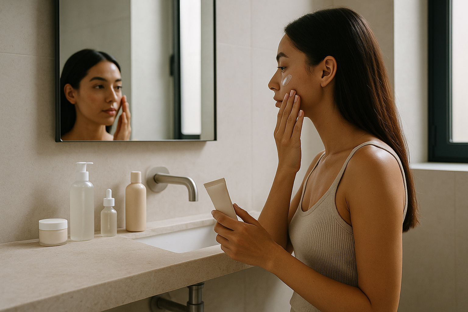 Routine skincare essenziale in un bagno minimal con prodotti neutri e luce naturale