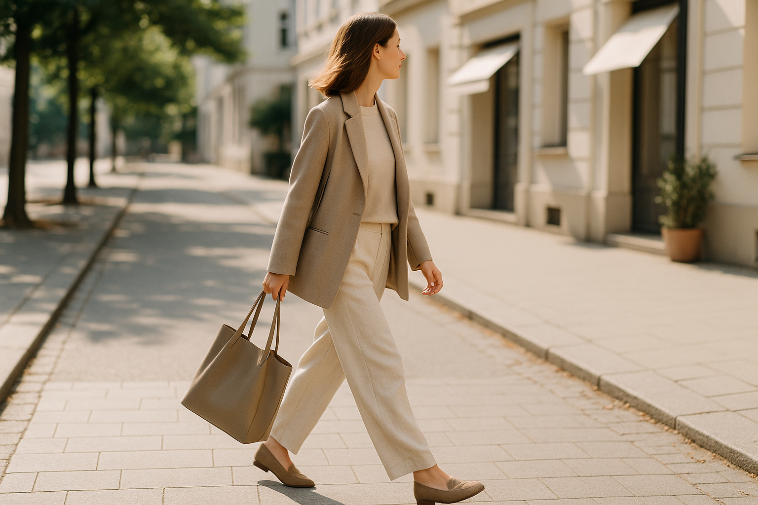 Persona con outfit essenziale e colori neutri che passeggia con calma in città al mattino