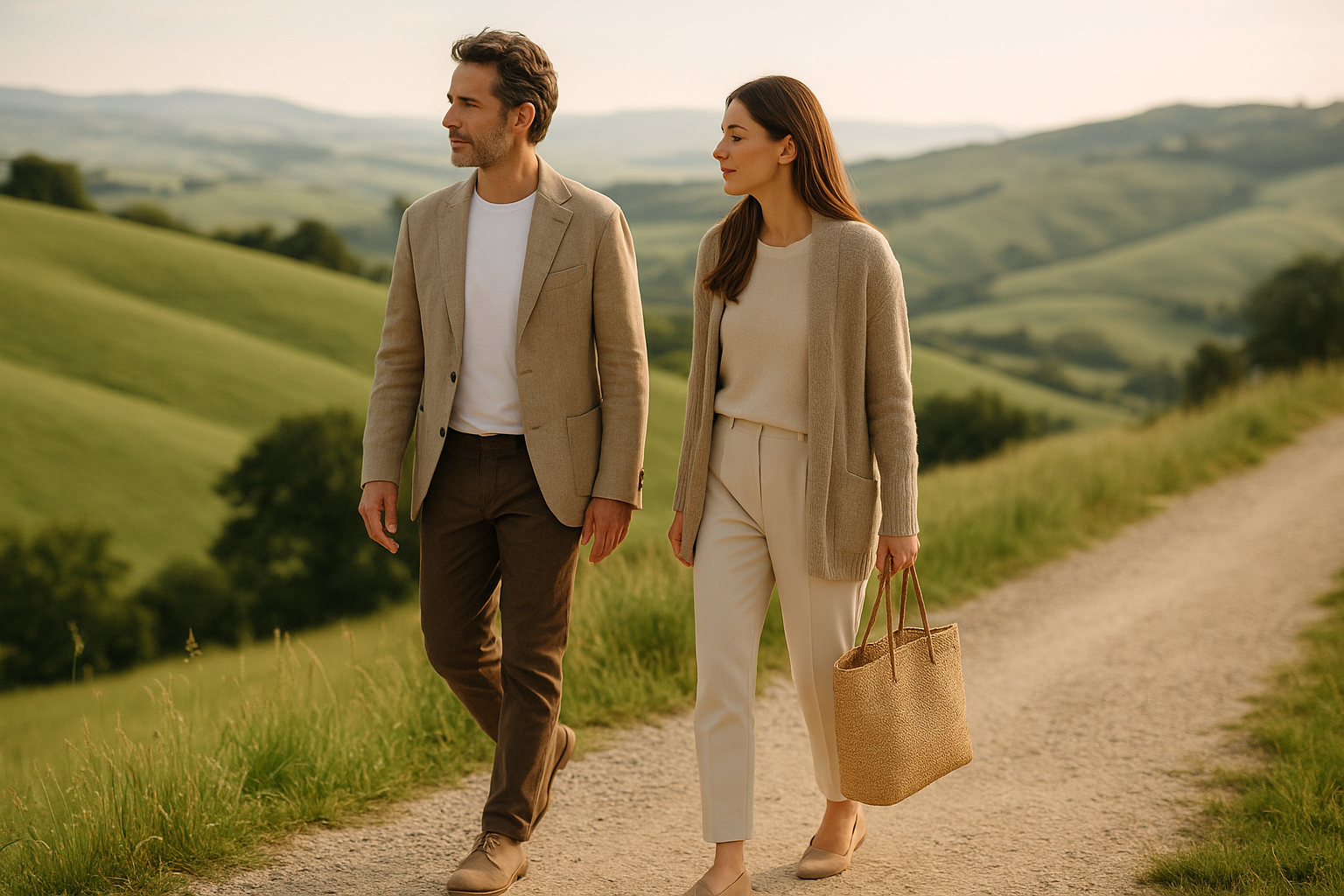 Weekend slow tra natura e benessere con abbigliamento casual elegante su sentiero panoramico