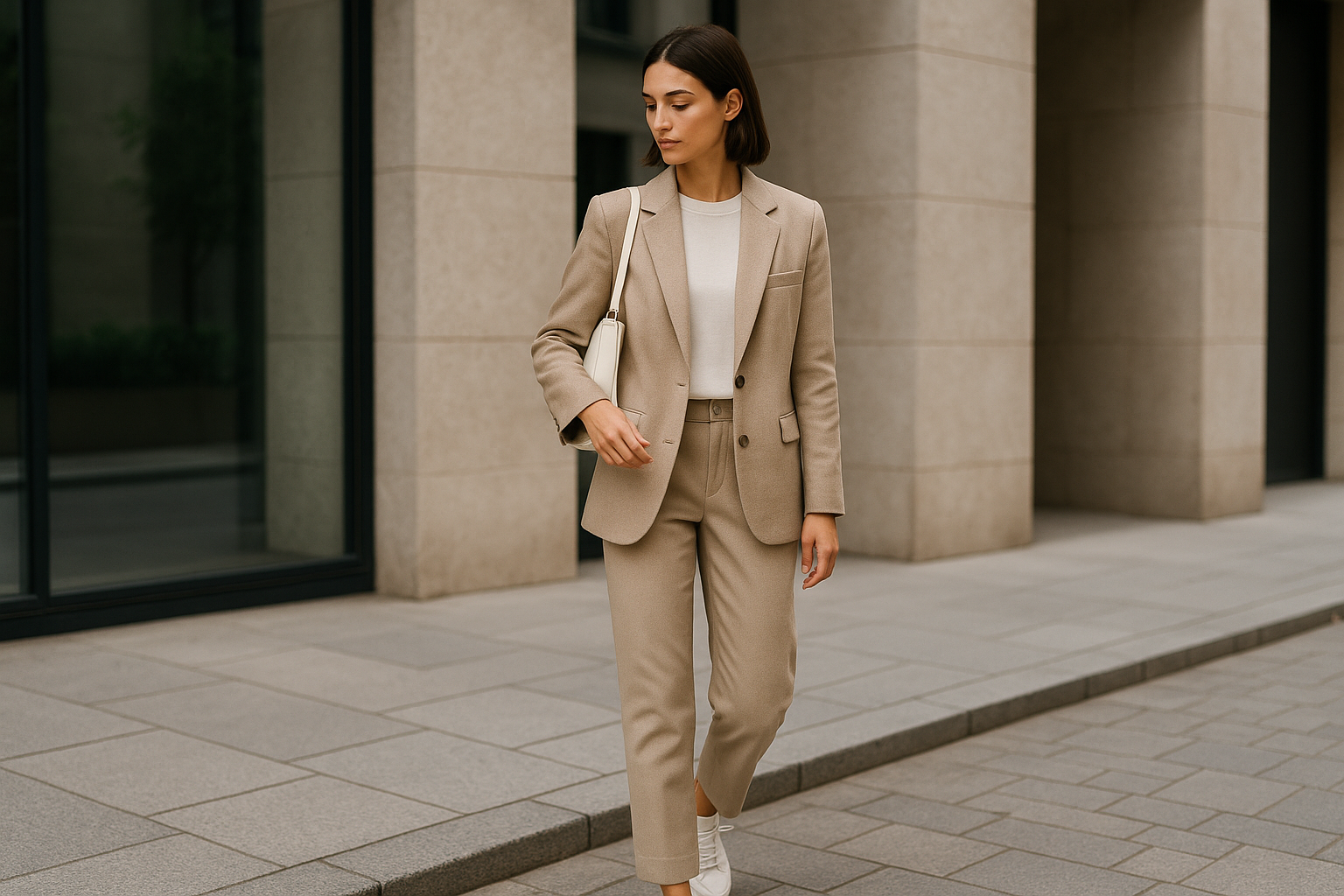 Outfit casual sofisticato con capi neutri, linee pulite e accessori minimal