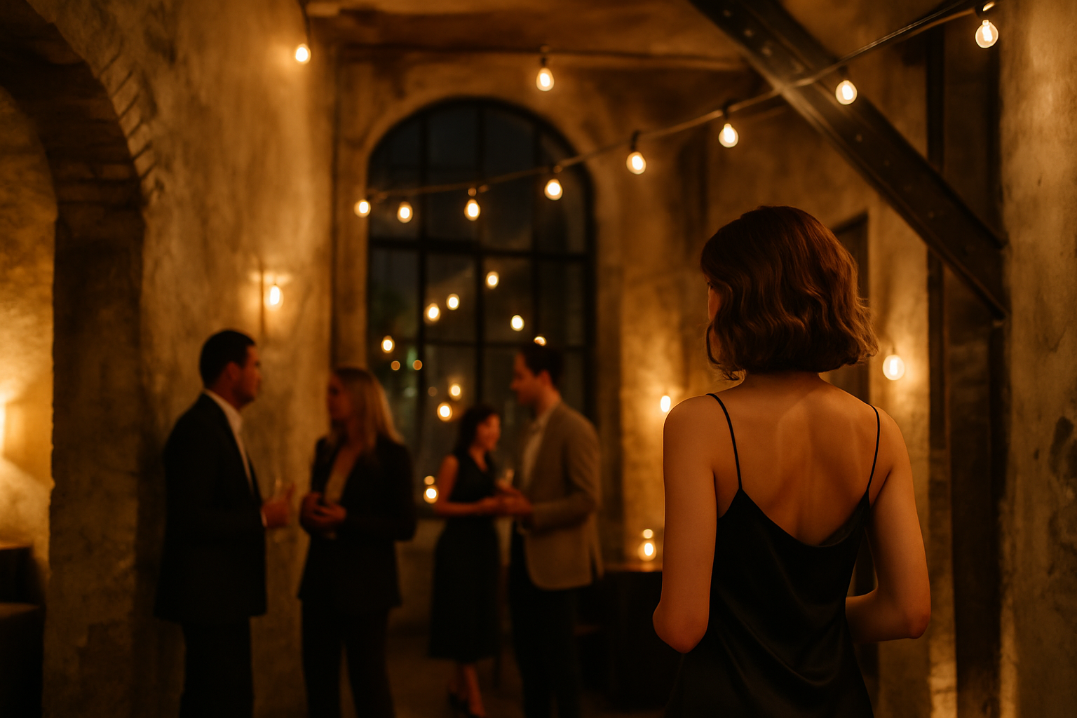 Festa privata in una location non convenzionale con luci calde e atmosfera elegante