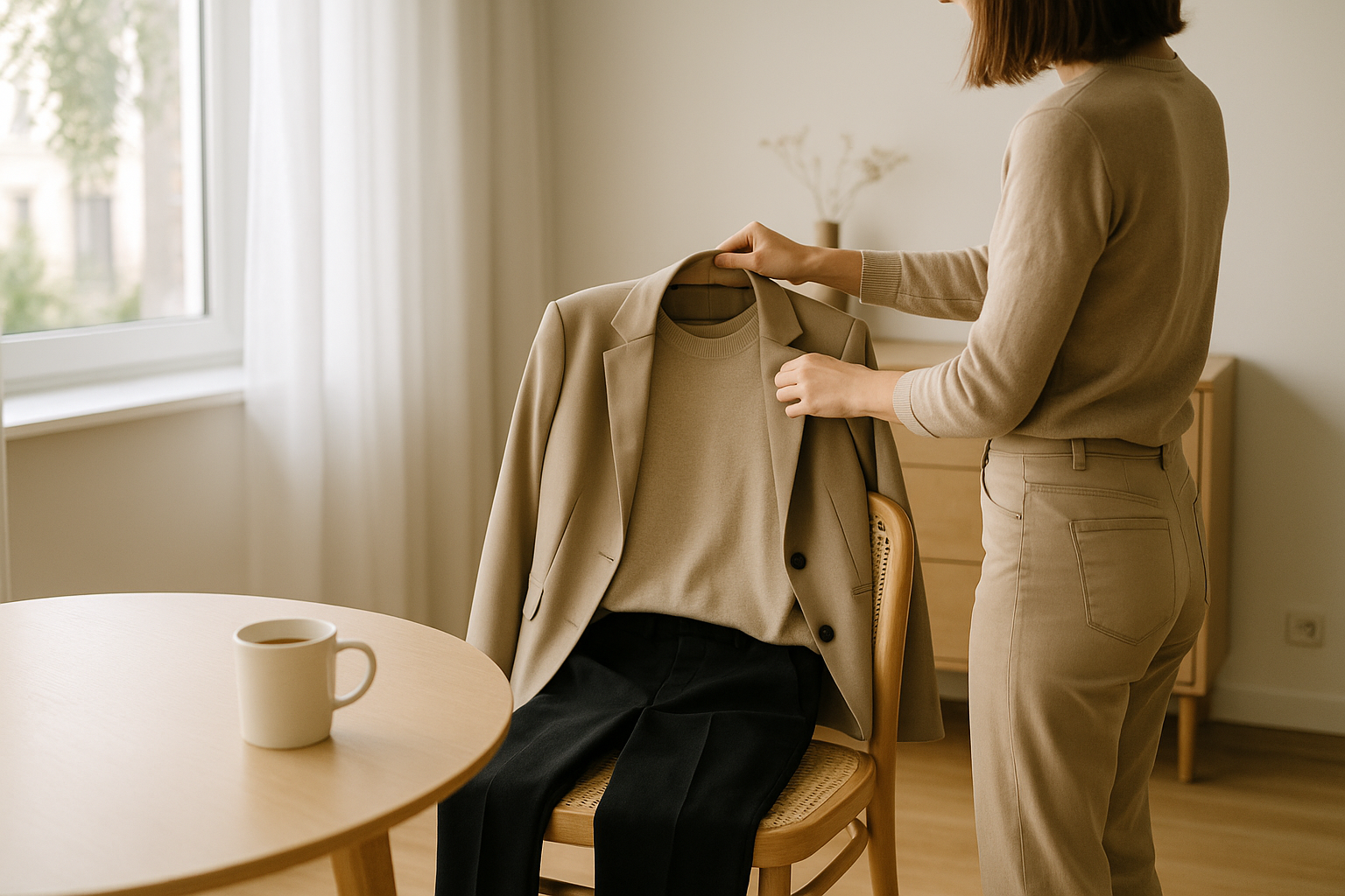 Routine mattutina ordinata con scelta dell’outfit e luce naturale in ambiente minimal