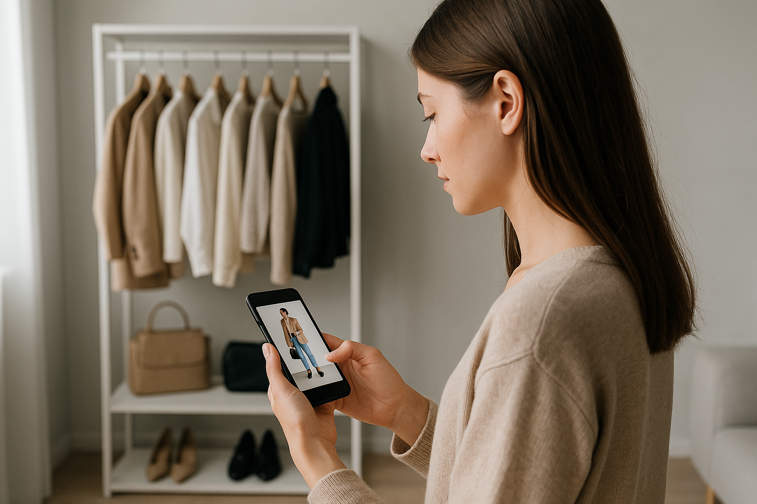 Ispirazione moda dai social con smartphone e guardaroba essenziale sullo sfondo