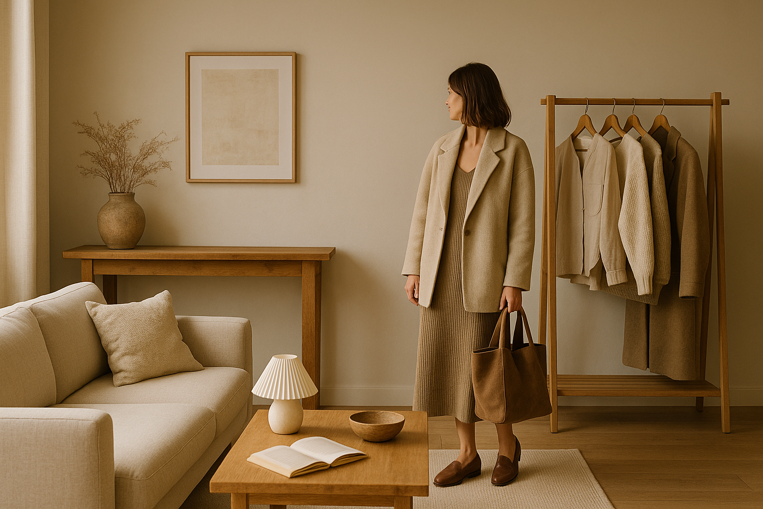 Interno minimalista caldo con legno naturale, tessili neutri e illuminazione soffusa