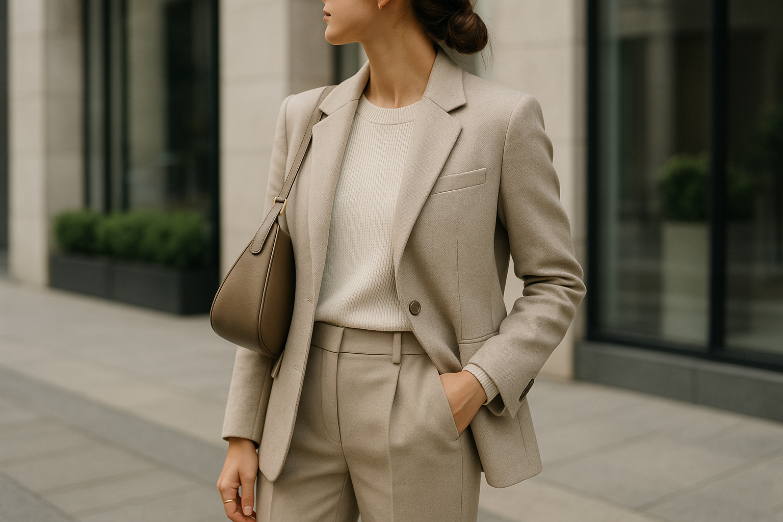Outfit minimal curato con palette neutra e accessori essenziali per un effetto premium