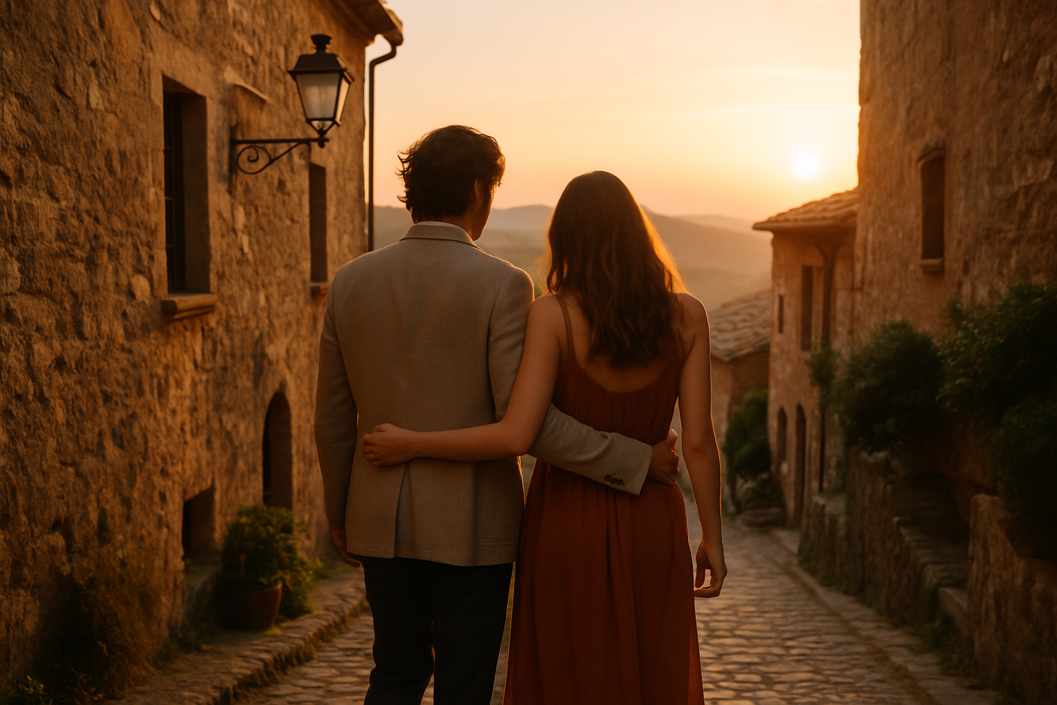 Coppia che passeggia al tramonto in un borgo italiano per una fuga romantica riservata