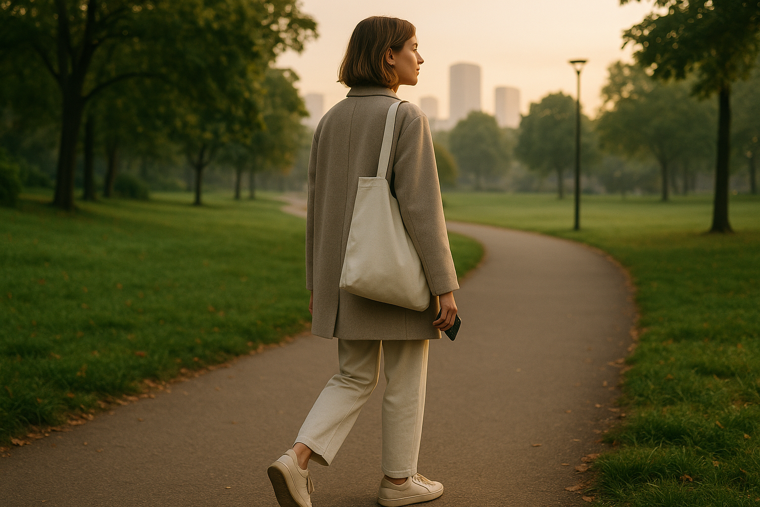 Persona in stile urbano minimal che cammina in un parco cittadino in un’atmosfera calma