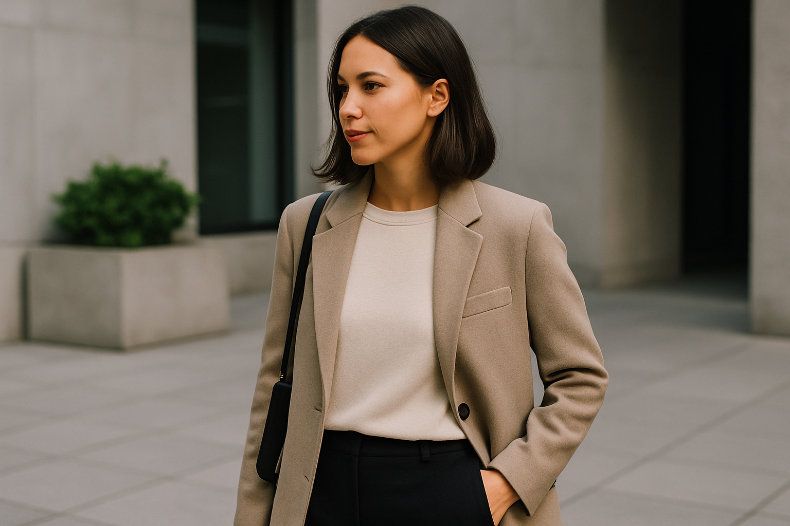 Persona con look casual-elegante in luce naturale, atmosfera urbana, stile autentico e sobrio