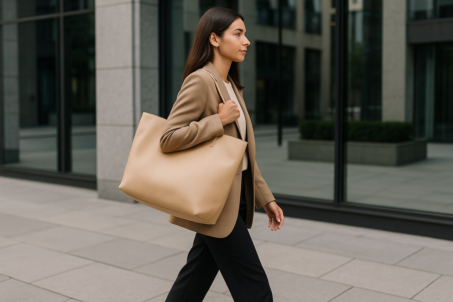 Persona in città con borsa capiente minimal abbinata a un outfit quotidiano