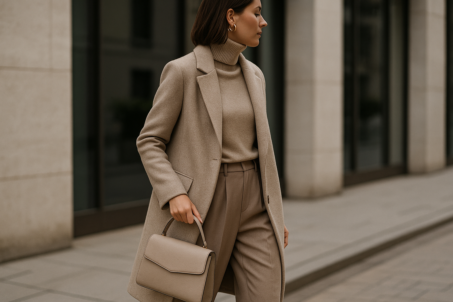 Look monocromatico urbano con capi tono su tono e texture diverse