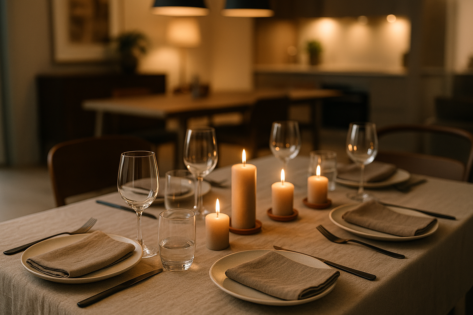 Tavola minimal-chic apparecchiata per una cena elegante in casa con luce calda e dettagli essenziali