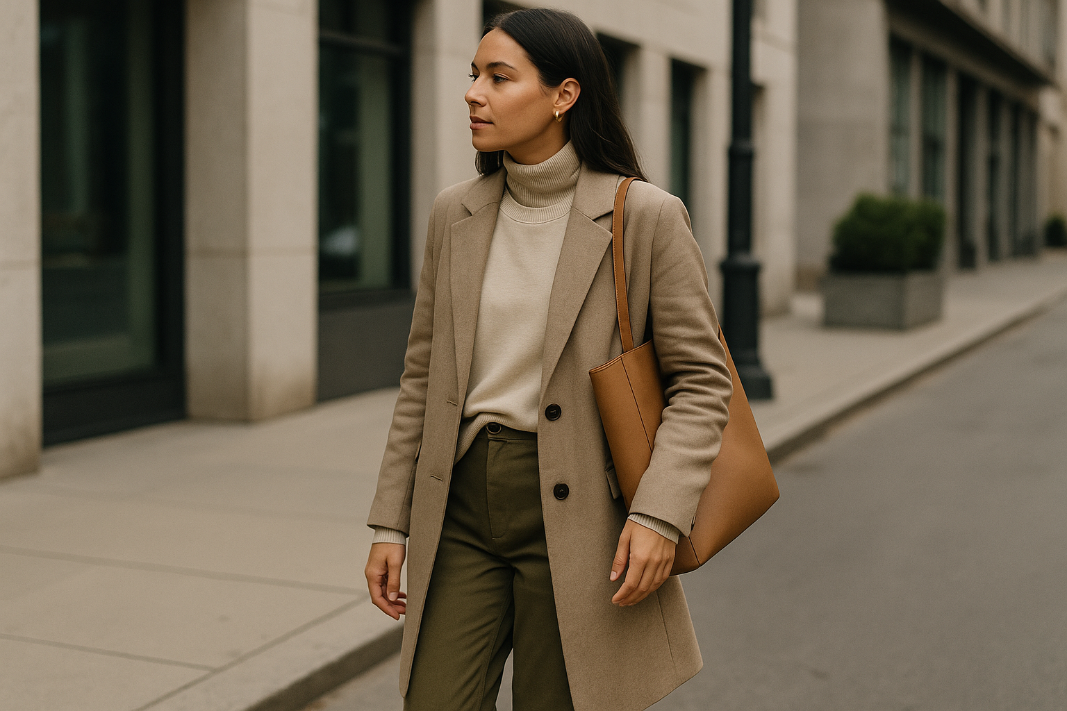 Outfit urbano stratificato di mezza stagione con capi versatili e colori neutri