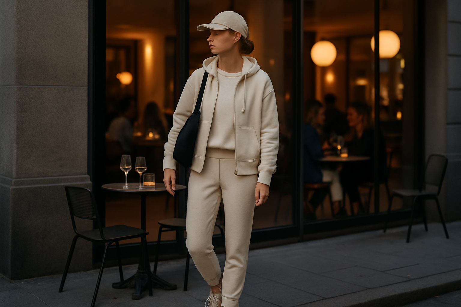 Outfit athleisure minimal in contesto urbano serale adatto dalla palestra all’aperitivo