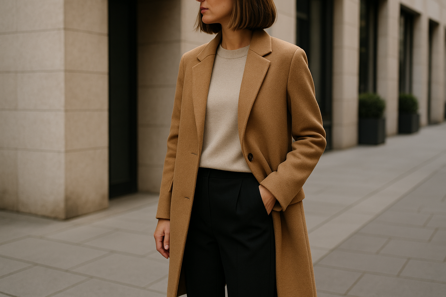 Look elegante e discreto in tonalità neutre con cappotto strutturato e maglieria di qualità