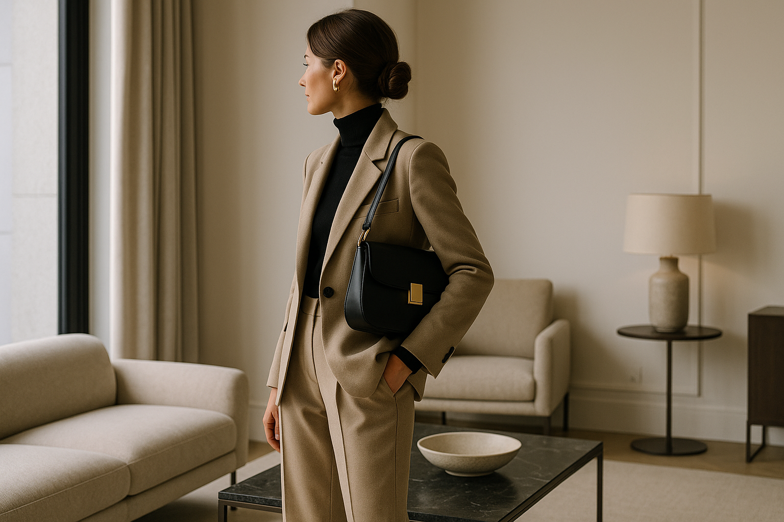 Ambiente elegante e contemporaneo con palette neutra e dettagli minimal