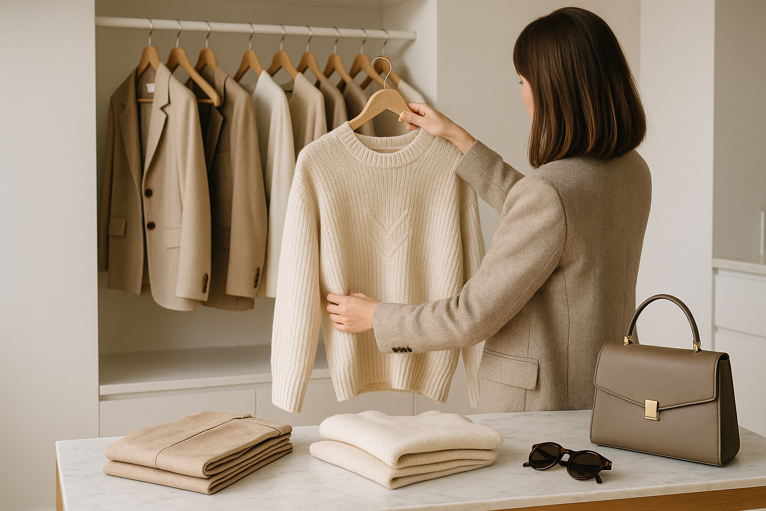 Guardaroba ordinato e minimale con capi neutri e accessori essenziali in un ambiente luminoso e sofisticato