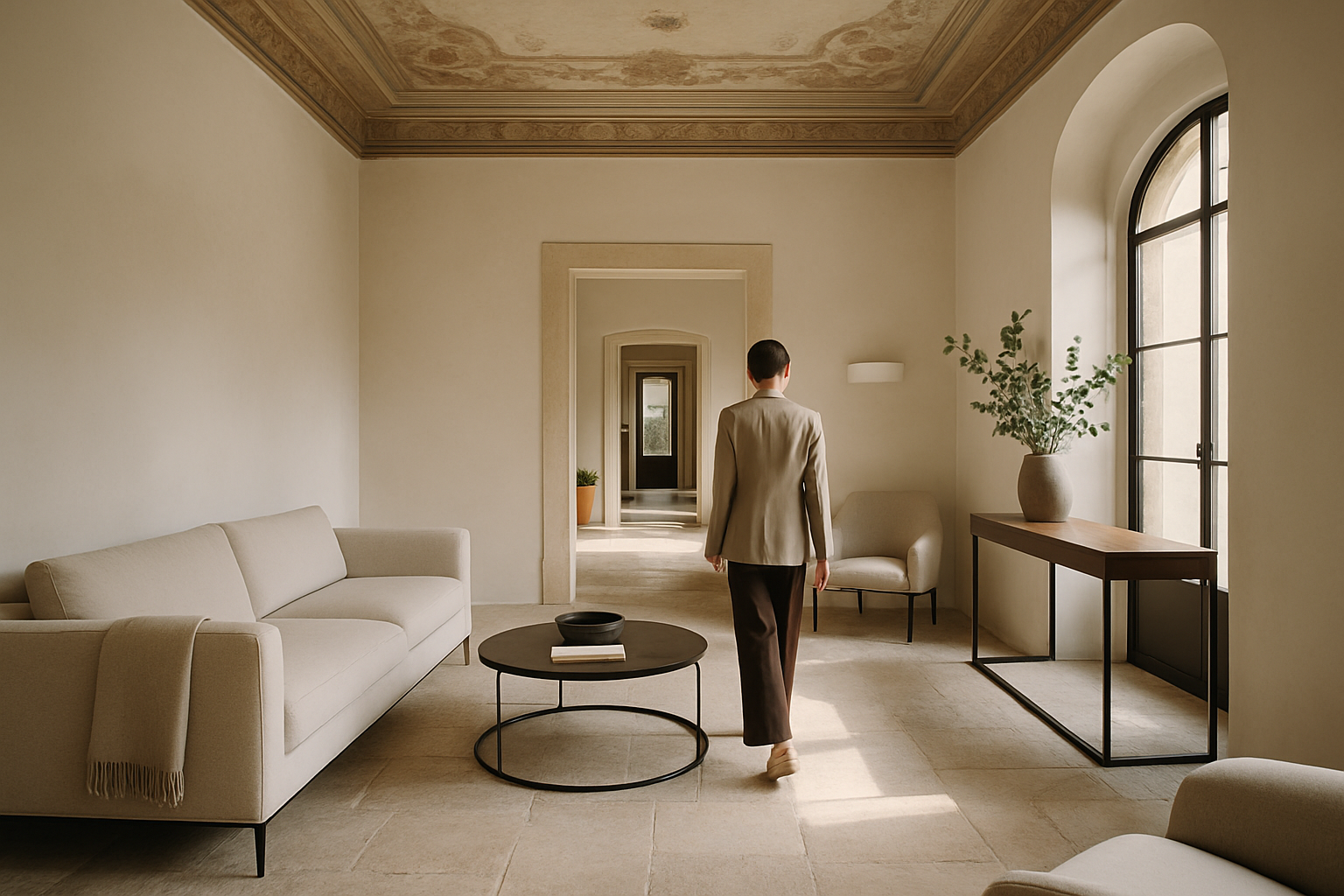 Interno di villa storica restaurata con arredi contemporanei discreti e luce naturale