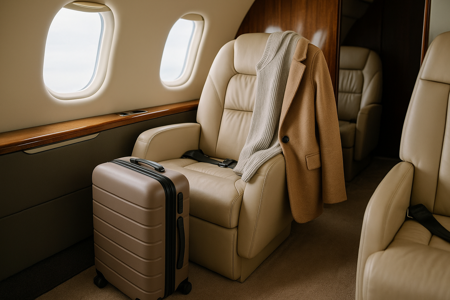 Interno minimal di jet privato con valigia compatta e outfit da viaggio in colori neutri