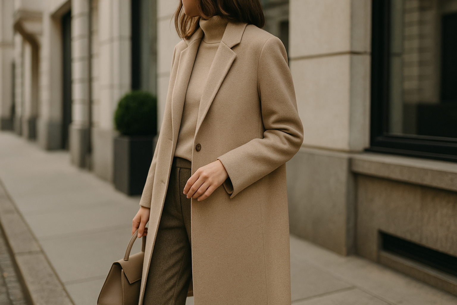 Outfit elegante e discreto con cappotto neutro e dettagli sartoriali non vistosi