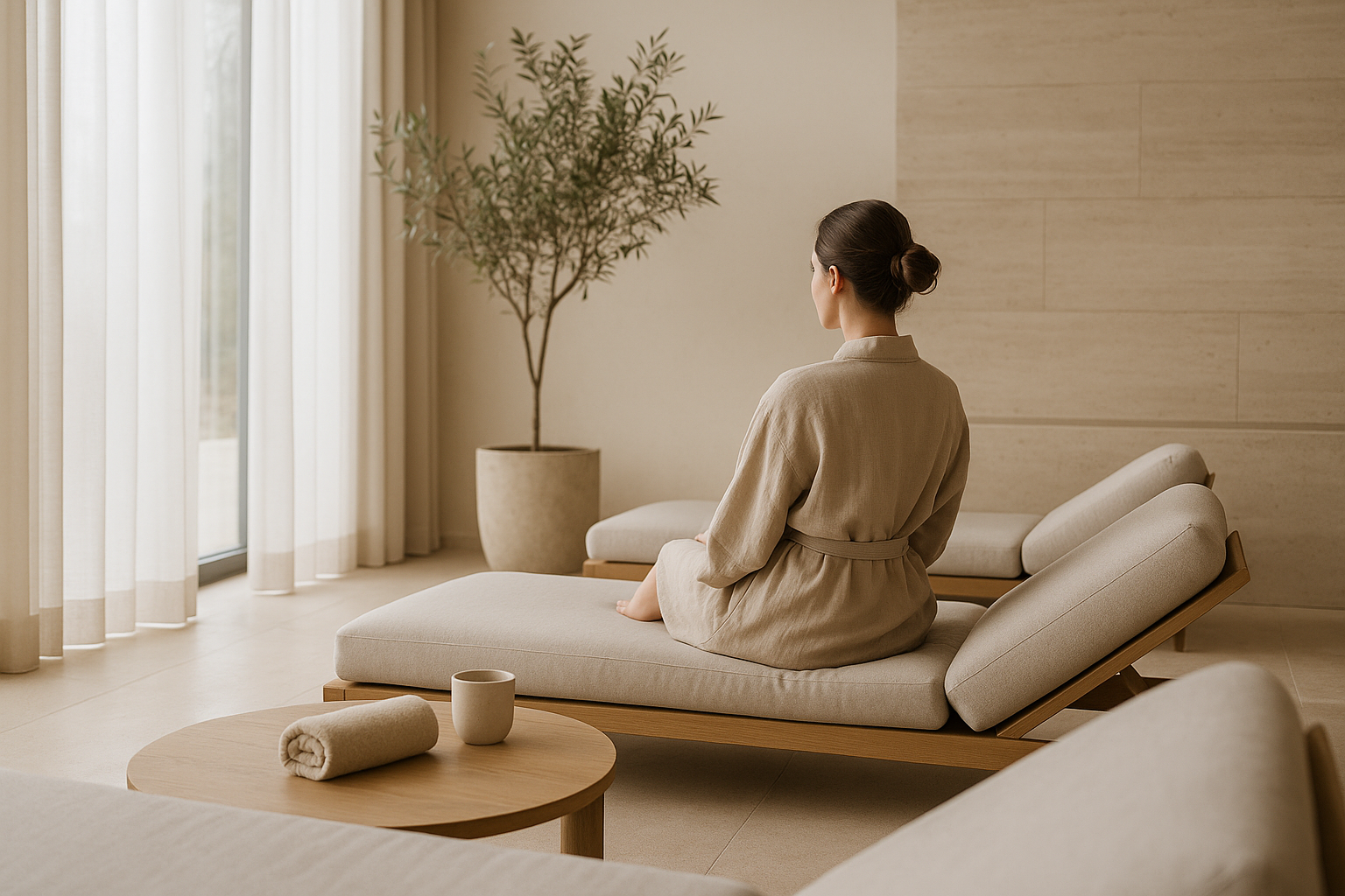 Area relax elegante e minimale con luce naturale e materiali naturali