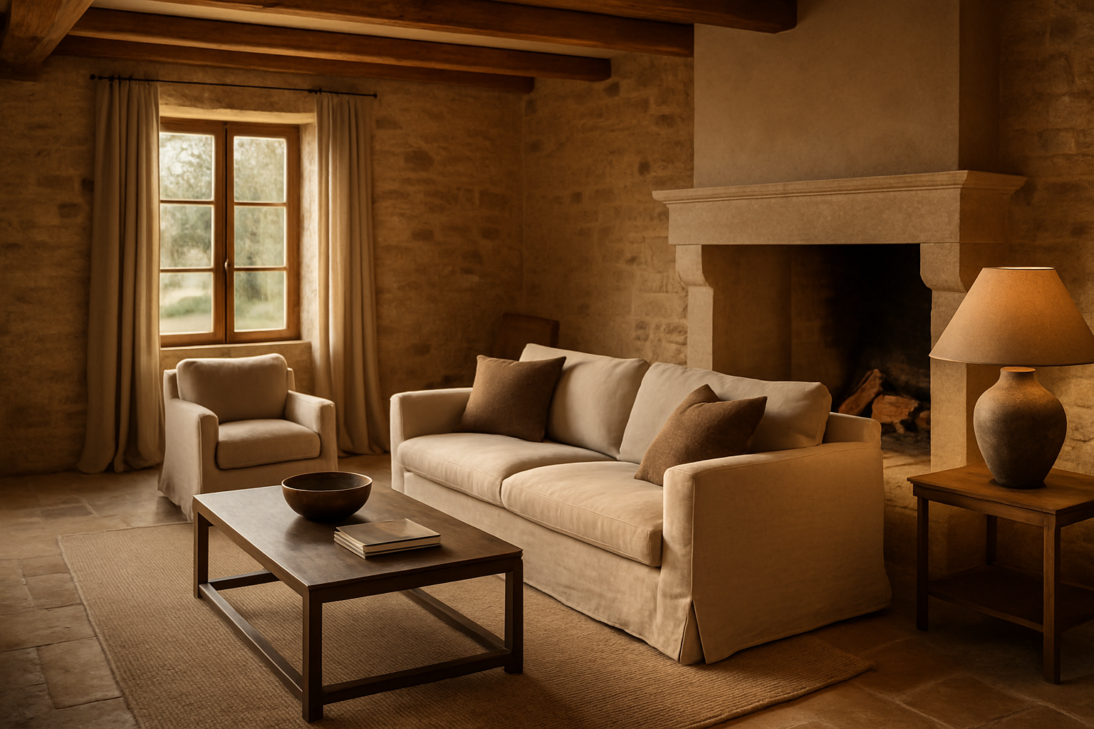 Interno luminoso in stile country house con materiali naturali e palette neutra