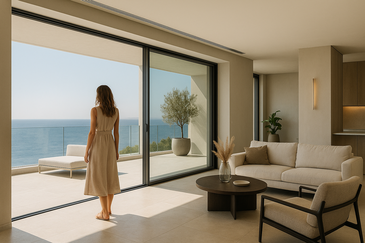 Interno minimal di una villa contemporanea con terrazza sul mare e luce naturale