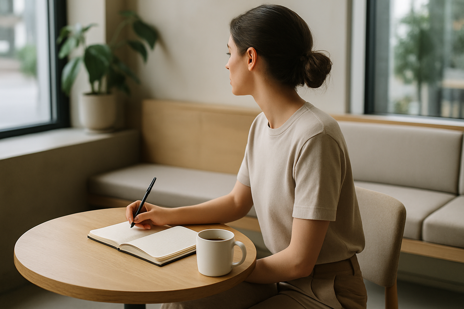 Persona in abiti essenziali che si concede una pausa tranquilla in un ambiente luminoso
