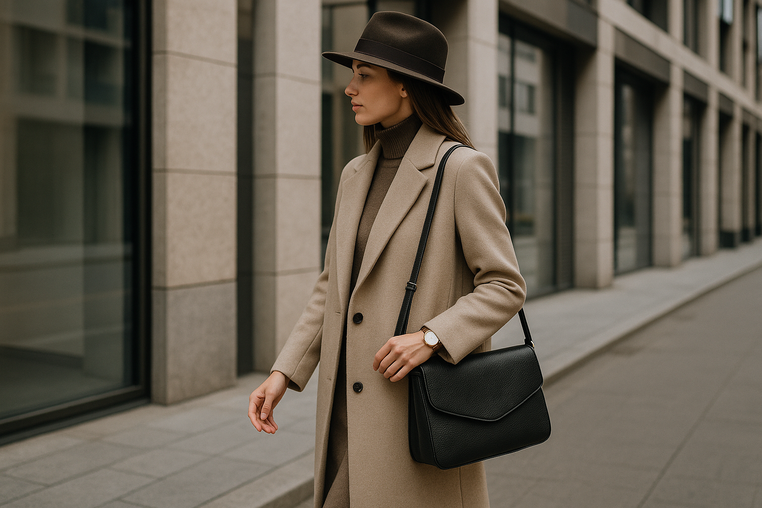 Stile di lusso contemporaneo con cappotto minimal e accessori discreti in contesto urbano