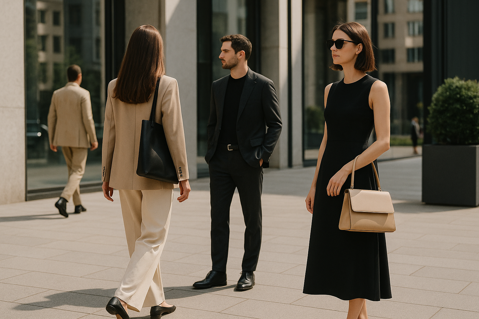 Persone in contesto urbano con stile minimal e dettagli curati che suggeriscono status discreto