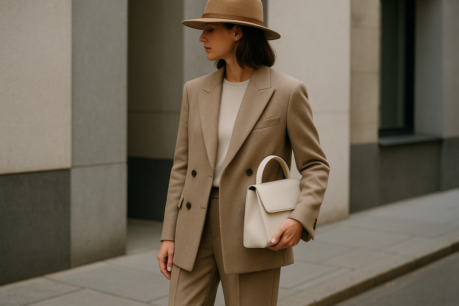 Look minimal ed elegante con capi neutri e dettagli sartoriali discreti in contesto urbano