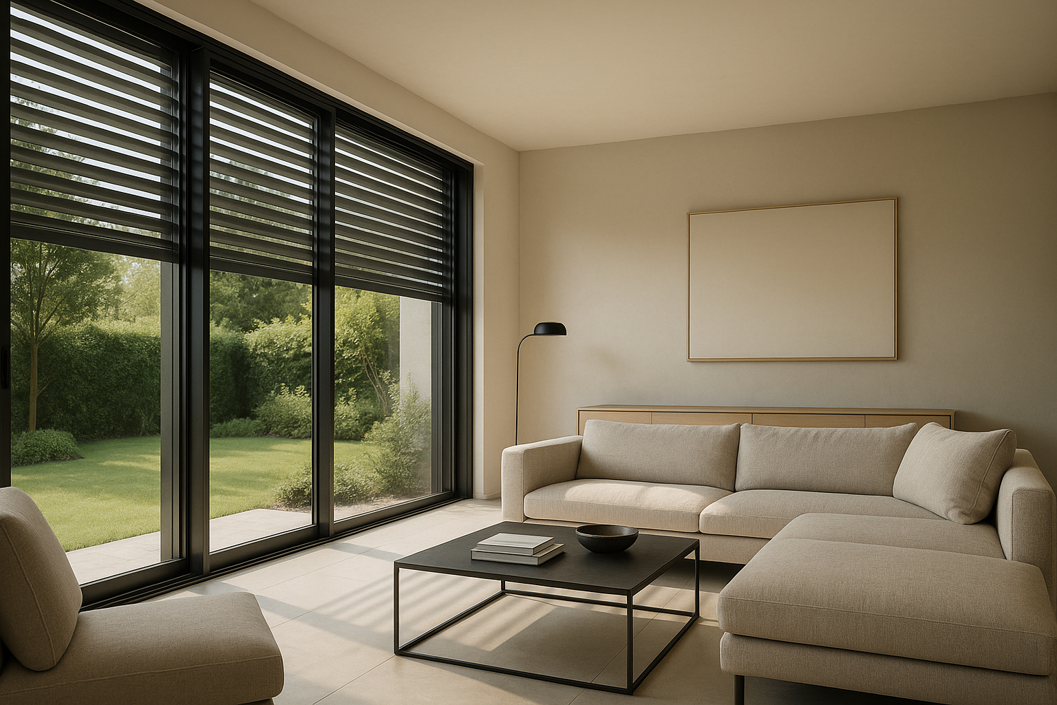 Interno di casa di pregio con vetrate schermate e giardino riservato, atmosfera tranquilla e luminosa