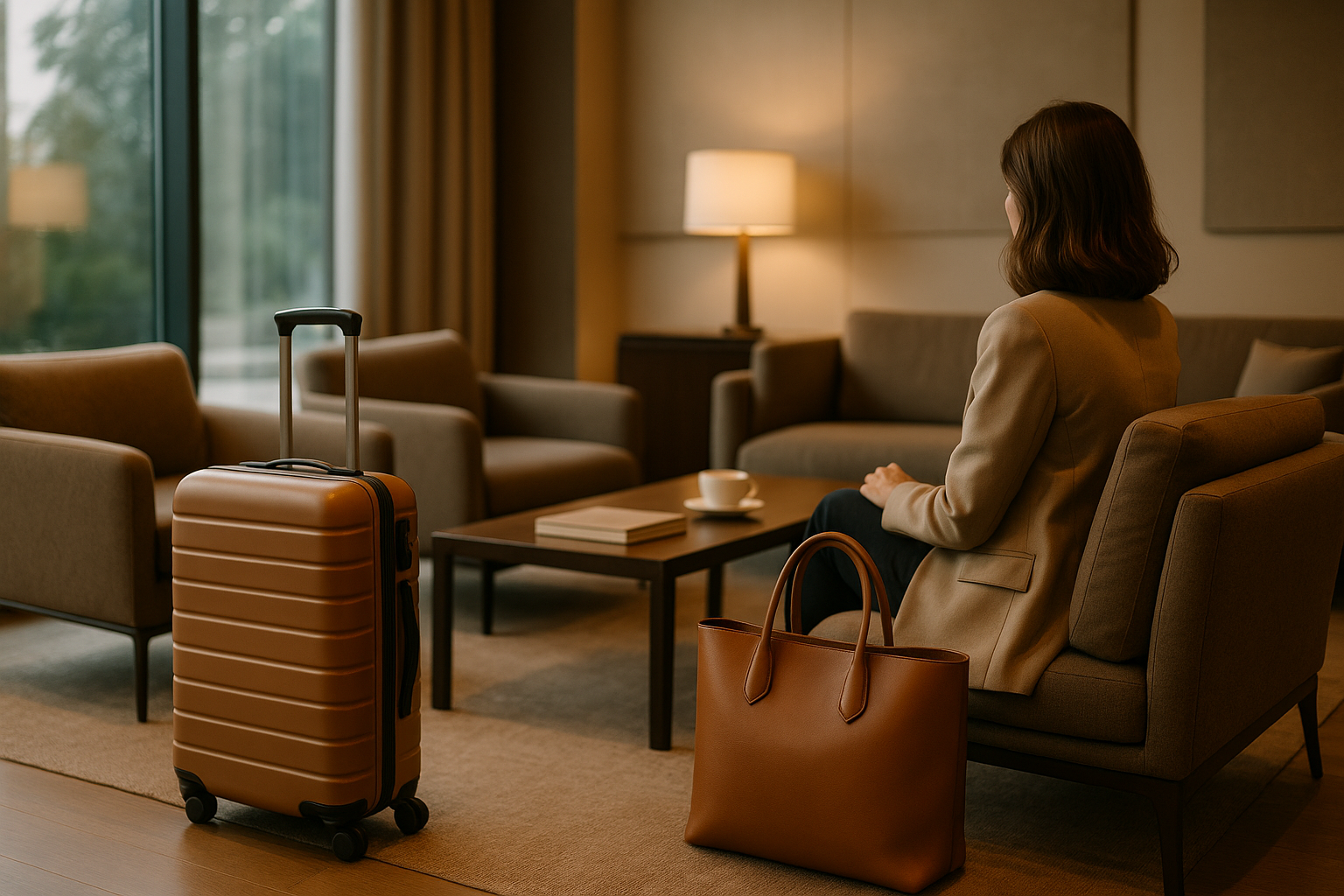 Lounge di viaggio elegante e minimal con atmosfera calma e sofisticata