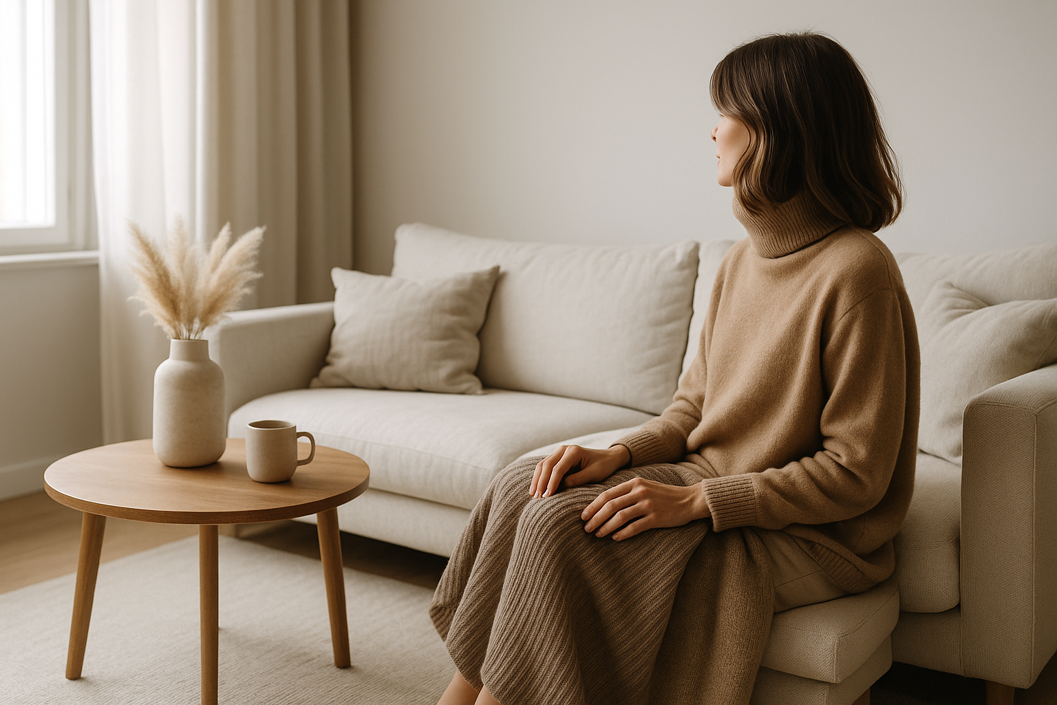 Ambiente domestico tranquillo e minimal con tessuti morbidi e luce naturale, simbolo di benessere e silenzio